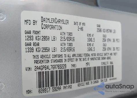 2006 Chrysler Town & Country Limited z USA, uszkodzony, nr VIN 2A4GP64L76R783229